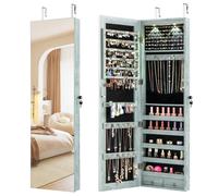 GOPLUS Armoire à Bijoux avec Miroir, Armoire a Bijoux Murale avec Éclairage LED, 2 Tiroirs, Fixer au Mur ou à Suspendre sur Porte, pour Ranger Boucles d'Oreilles et Colliers (Bleu Rétro)