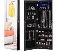 GOPLUS Armoire à Bijoux avec Miroir, Armoire a Bijoux Murale avec Éclairage LED, 2 Tiroirs, Fixer au Mur ou à Suspendre sur Porte, pour Ranger Boucles d’Oreilles et Colliers (Noir)
