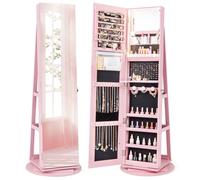 GOPLUS Armoire à Bijoux Avec Miroir Pleine Longueur, Armoire à Bijoux Rotative à 360° Avec Lumière LED 3 Couleurs, Miroir de Maquillage Intérieur, Étagère de Rangement à 2 Niveaux (Rose)