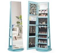 GOPLUS Armoire à Bijoux Avec Miroir Pleine Longueur, Armoire à Bijoux Rotative à 360° Avec Lumière LED 3 Couleurs, Miroir de Maquillage Intérieur, Étagère de Rangement à 2 Niveaux (Bleu Clair)