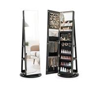 GOPLUS Armoire à Bijoux Avec Miroir Pleine Longueur, Armoire à Bijoux Rotative à 360° Avec Lumière LED 3 Couleurs, Miroir de Maquillage Intérieur, Étagère de Rangement à 2 Niveaux (Noir)