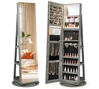 GOPLUS Armoire à Bijoux Avec Miroir Pleine Longueur, Armoire à Bijoux Rotative à 360° Avec Lumière LED 3 Couleurs, Miroir de Maquillage Intérieur, Étagère de Rangement à 2 Niveaux (Gris Argenté)