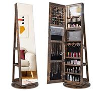 GOPLUS Armoire à Bijoux avec Miroir sur Pied, Armoire à Bijoux Rotative à 360° avec Lumière LED 3 Couleurs, Organisateur de Bijoux Verrouillable, Étagère de Rangement, Miroir Intégré (Café)