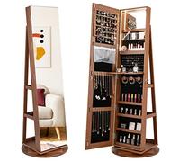 GOPLUS Armoire à Bijoux avec Miroir sur Pied, Armoire à Bijoux Rotative à 360° avec Lumière LED 3 Couleurs, Organisateur de Bijoux Verrouillable, Étagère de Rangement, Miroir Intégré (Marron)