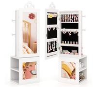 GOPLUS Armoire à Bijoux Enfant Fille, 3 en 1 Armoire de Bijoux sur Pied avec Miroir Pleine Longueur, Porte-vêtements, Kit Anti-basculement, Motif Cœur, pour Chambre d'Enfants (Blanc)