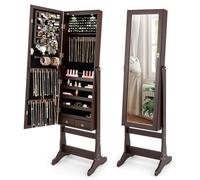 GOPLUS Armoire à Bijoux, Organisateur de Bijoux Debout avec Miroir Pleine Longueur, 4 Angles Inclinables Réglables, Lumières LED Intégrées, Crochets, 5 Étagères et 2 Tiroirs (Brun)