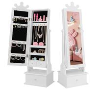 GOPLUS Armoire à Bijoux pour Enfant avec Miroir Pleine Longueur, Organisateur de Bijoux avec 3 Tiroirs et 4 Étagères de Rangement, 13 Crochets et 18 Emplacements pour Boucles d’Oreilles, Rose (Blanc)