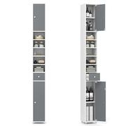 GOPLUS Armoire de Salle de Bain Haut, avec 2 Portes, 1 Tiroir, 5 Étagères Réglables, Dispositif Anti-basculement, Meuble Colonne Rangement pour Petits Espaces, 20x20x180cm (Blanc+Gris)