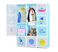 GOPLUS Armoire Modulable Enfants, Meuble de Rangement 12 Cubes 35x35x35CM avec Barre de Suspension, Armoire Penderie Cube, Motifs d'Espace Mignons pour Vêtements, Chaussures, Jouets