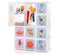 GOPLUS Armoire Penderie Modulable Enfants,12 Cubes 35x35x35CM avec Barre de Suspension,Motifs d'Espace Mignons Blanc