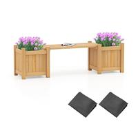 GOPLUS Bac à Plantes en Bois avec Banc Jardin, 2 Bacs Surélevés pour Jardin Extérieur avec Base Ouverte et Finition Huile Teck, Pots de Fleurs, Jardinière Balcon(Naturel,105x26,5x29,5CM|Banc)