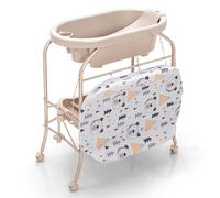 GOPLUS Baignoire Pliable Bébé 4 en 1, Baignoire Bebe sur Pied avec Panier de Rangement, Roues Verrouillables, Charge 35 KG, Table a Langer avec Baignoire pour 0-12 Mois (Beige)