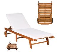 GOPLUS Bain de Soleil Pliante en Bois d'Ecualyptus, Transat Jardin Extérieur avec Dossier Réglable 6 Positions, 2 Roues, 195 x 68 x 30-90 CM, Coussin Amovible, Idéal pour Balcon, Terrasse, Piscine