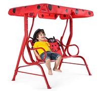 GOPLUS Balancelle de Jardin pour Enfant Extérieure Charge 80 KG avec 2 Places et Auvent Anti-UV Deux Harnais de Sécurité Motif Chiot 112 x 75 x 108 CM Bleu/Rouge pour Jardin/Balcon (Rouge)