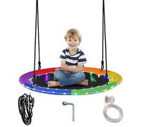 GOPLUS Balançoire LED Lumineuse 100 cm, Nid d'oiseaux Ronde Étanche pour Enfants avec 8 Modes Lumineux, 2 Cordes Réglables,Charge 300KG, pour 2-3 Enfants 3+ Ans