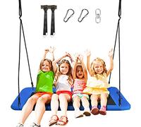 GOPLUS Balançoire Rectangulaire Suspendue d'Extérieur, Nid d’Oiseaue de Cordes Réglables 100-180CM, Siège Suspendue Extérieur pour Enfants, Jusqu’à 315 KG,150 x 80CM (Bleu)