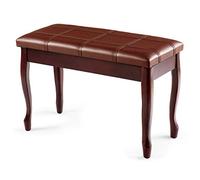 GOPLUS Banc de Piano Double en Bois Massif Robuste avec Siège Rembourré en Cuir PU, Tabouret Piano 2 Places avec Compartiment de Rangement, Charge Max 180KG (Marron, Pied Incurvé,Bande)