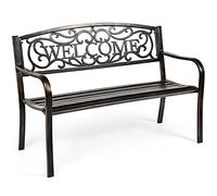 GOPLUS Banc Exterieur Jardin, 127 x 63 x 89 CM, Place pour 2 Personnes, Banquette Exterieur de Cadre en Métal, Charge 320KG, Dossier Ajouré avec Motif Mot, Idéal pour Patio, Piscine (Bronze)