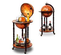 GOPLUS Bar Globe Terrestre Vintage en Bois d’Eucalyptus φ45CM pour 15 Bouteilles, Verres, Chariot de Bar Géant 2 Niveaux avec 3 Roulette et Couvercle, Hauteur 88CM, Porte Bouteille pour Salon (Marron)