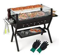 GOPLUS Barbecue Charbon de Bois avec Verre Coupe-vent pour s'Asseoir, 98 x 42 x 68 CM, Barbecue avec Grill et Supports d'Assaisonnement, 2 Zone BBQ Différent et Étagère de Rangement pour Pique-Nique