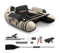 GOPLUS Bateau Pêche Gonflable, Float Tube Tissu Polyester avec Support de Canne Peches, Dossier, Sangles Réglables, Pompe, Règle à Poisson, Poches Rangement, Pagaie, Capacité 150KG (Beige Blanc)