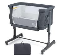 GOPLUS Berceau Bébé 3 en 1, Lit Cododo Portable avec Mode Berceau, Matelas Amovible, Hauteur Réglable, Poches de Rangement et Roues Verrouillables, Lit de Voyage pour Nouveau-né (Gris Foncé)
