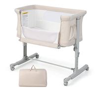 GOPLUS Berceau Bébé 3 en 1, Lit Cododo Portable avec Mode Berceau, Matelas Amovible, Hauteur Réglable, Poches de Rangement et Roues Verrouillables, Lit de Voyage pour Nouveau-né (Beige)