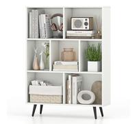 GOPLUS Bibliotheque à 3 Niveaux, Étagère Blanche en Bois avec 7 Compartiments, 4 Pieds Métalliques Inclinés, Dispositif Anti-basculement, Meuble de Rangment pour Salon, Bureau, 80x24x107CM