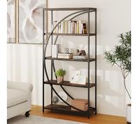 GOPLUS Bibliothèque à 5 Niveaux, Étagère à Livres Demi Lune Separation avec Panneau Imitation Marbre, Étagères de Rangement pour Salon, Bureau, 86 x 30 x 175 CM, Charge 120 KG (Marron)