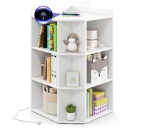 GOPLUS Bibliothèque d'angle avec Station de Charge, 4 Prises, 2 USB, 3 Niveaux avec 9 Casiers pour Jouets, Livres, Organisateur de Rangement d'angle pour Chambre, Salle de Jeux, Salon (Blanc)