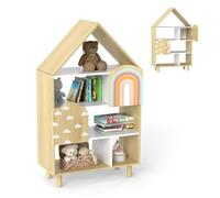 GOPLUS Bibliothèque Enfant en Forme de Maison, Étagère Enfant à 4 Niveaux avec Pieds en Bois, Meuble Rangement Livre pour Chambre, Salle de Jeux et Crèche