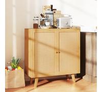 GOPLUS Buffet Bas Cuisine en Bambou, Armoire Meuble de Rangement avec Dessus Spacieux et Compartiment à 2 Niveaux, Doubles Portes en Rotin PE, pour Salon, Salle à Manger, Entrée,80 x 35 x 85 CM