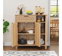 GOPLUS Buffet Bas Salle A Manger en Rotin, Meuble de Rangement Cuisine avec Tiroir, Cubes, Étagère Réglable, Porte en Rotin Naturel, Panneau en Bois, Salon, Chambre, 75 x 30 x 80 cm