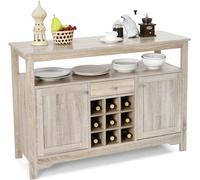GOPLUS Buffet de Cuisine avec 2 Armoires, 1 Tiroir et 9 Cases Amovibles pour 9 Bouteilles de Vin, Meuble Rangement de Cuisine en Bois avec Etagère Ouverte, pour Cuisine, Salon, Naturel