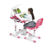 GOPLUS Bureau Enfant avec Chaise Hauteurs Réglables, Angle de Bureau Réglable 0°-40°, Lampe de Direction Ajustable, Support de Livres, Tiroir de Rangement Coulissant et Crochet, Charge 80KG (Rose)