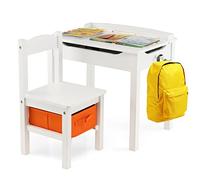 GOPLUS Bureau Enfant avec Chaise, Table d'Étude Enfant avec Planteau Incliné, Rangement Intégrée, Crochet, Table d'Activités pour Ecrire Dessiner Jouer, Charge 70KG pour 3+ Ans (Blanc)