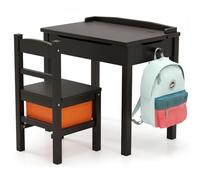 GOPLUS Bureau Enfant avec Chaise, Table d'Étude Enfant avec Planteau Incliné, Rangement Intégrée, Crochet, Table d'Activités pour Ecrire Dessiner Jouer, Charge 60KG pour 3+ Ans (Marron)