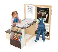 GOPLUS Bureau Enfant avec Rangement, Tableau Chevalet Enfant Double Face Ajustable, Table d'Activité avec Banc, Rouleau de Papier, Tableau Blanc/Noir, Bureau Enfant Fille Garcon 3+Ans (Café)