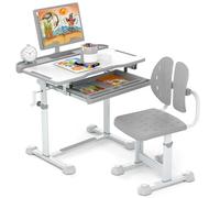 GOPLUS Bureau Enfant Fille Garcon avec Chaise Ergonomique, Hauteur Réglable, Plateau Incliné, Pupitre Pivotant, Porte-gobelet, Tiroir, Table d'Étude Enfant 3+ Ans, Charge 100KG (Gris)