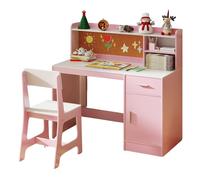 GOPLUS Bureau Enfant Garçon Fille avec Chaise, Bureau avec Rangement Étagère Tiroir Armoire, Panneau en Liège, Table Chaise Enfant pour Manger, Étudier, Dessiner (Rose)
