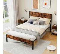 GOPLUS Cadre de Lit Double 140x200CM, Lit Plateforme avec Tête à Lattes, Style Industriel avec Espace de Rangement, Pas Besoin de Sommier, Marron Rustique