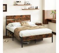 GOPLUS Cadre de Lit Double 140x200CM, Lit Plateforme Industriel avec Tête, Lattes en Métal, Espace de Rangement, Pas de Sommier Nécessaire, Brun Rustique,Charge 360KG