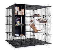 GOPLUS Cage Chat Interieur, Enclos Chat en Fil Métallique Modulable | 3 Portes, Hamac, 3 Étagères de Rangement et 3 Échelles, Clôture pour Animaux Compagnie, Montage Personnalisé (142x142x142 CM)