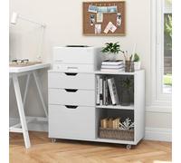 GOPLUS Caisson Bureau à roulettes en Bois, 3 Tiroirs & Étagère Ouverte Réglable, Support d'Imprimante Roulant pour Dossier Lettre, A4 pour Bureau, 81x40x66,5cm