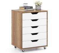 GOPLUS Caisson de Bureau à roulettes avec 5 Tiroirs, 2 Roulettes Verrouillables, Classeur Mobile pour Dossier, A4, Documents pour Maison, Bureau, Blanc+Naturel