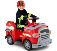 GOPLUS Camion Pompier Enfants 12V, Voiture Electrique Enfant avec Pelle, Extincteur, Échelle, Casque de Protection, Gyrophare, Musique, pour 3-5 Ans, Charge 25KG (Rouge)