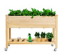 GOPLUS Carré Potager avec Roues Verrouillables, Jardinière Surélevée sur Pied en Bois avec Étagère de Rangement & Trou de Drainage pour Fleurs, Herbes, Légumes, Fruits, 120x59x84cm