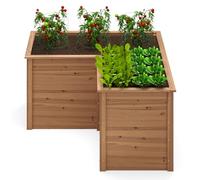 GOPLUS Carré Potager en Bois Haut, Jardinière en Forme de L avec Base Ouverte pour Légumes, Fruits, Fleurs, 120 x 120 x 63 CM, Bac Potager Extérieur pour Balcon, Terrasse, Jardin (Marron)