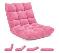 GOPLUS Chaise de Sol Pliante, Fauteuil Convertible Réglable à 14 Niveaux, Fauteuil Paresseux avec Velours Corail Confortable, Chaise de Méditation Rembourré, 105 x 56 x 15CM (Rose)