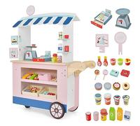 GOPLUS Chariot à Collations pour Enfants avec 30 Accessoires, Marchande en Bois avec Auvent, Stand de Supermarché avec Caisse Enregistreuse, Jeu d'Imitation Éducatif pour Garçons/Filles 3+ Ans (Rose)
